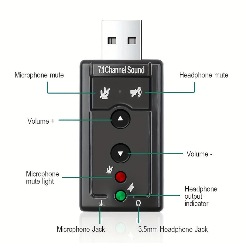 Tarjeta de sonido USB virtual 7.1 canales, adaptador de audio externo USB 2.0 para micrófono, parlantes y auriculares con conector estéreo de 3.5mm