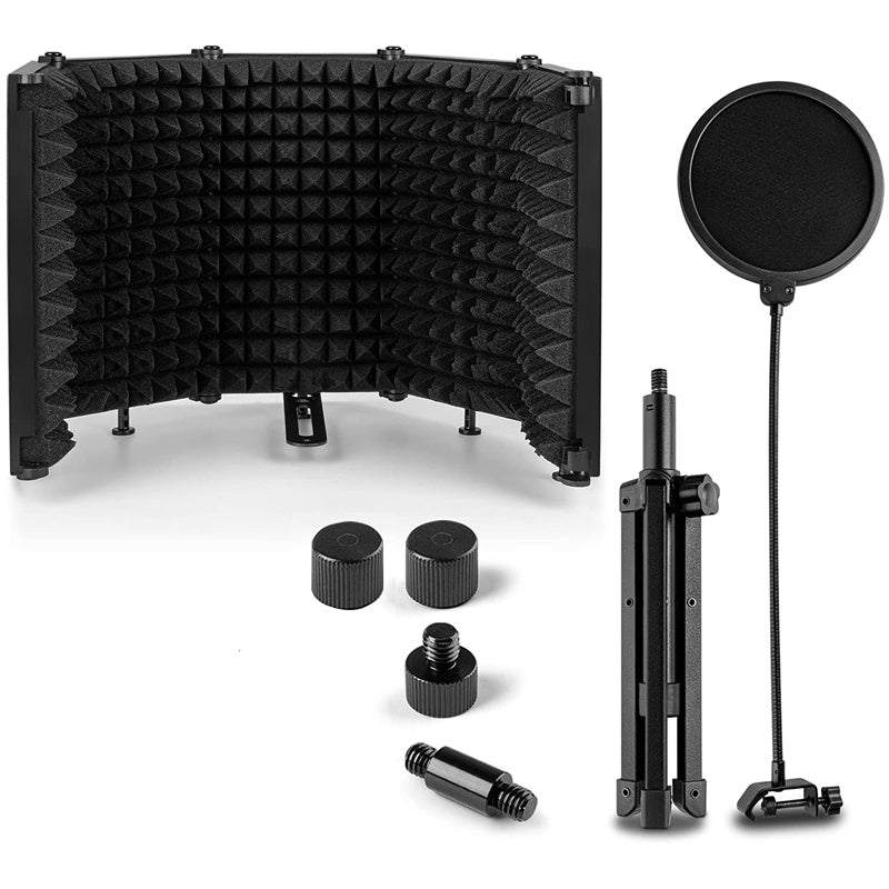Escudo aislante para micrófono de estudio con trípode, espuma absorbente de alta densidad para filtrado vocal, escudo de sonido plegable para micrófono condensador, ideal para música, podcasts, canto y transmisiones, equipo de grabación | Diseño plegable