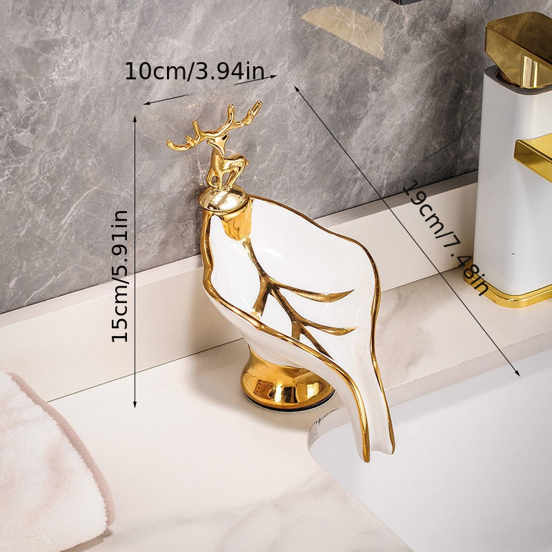 1pc Caja De Jabón Con Forma De Hoja Con Decoración De Ciervo, Jabonera Autodrenante, Soporte Para Jabón Para Baño Y Cocina, Decoración Del Hogar, Esencial Para El Baño