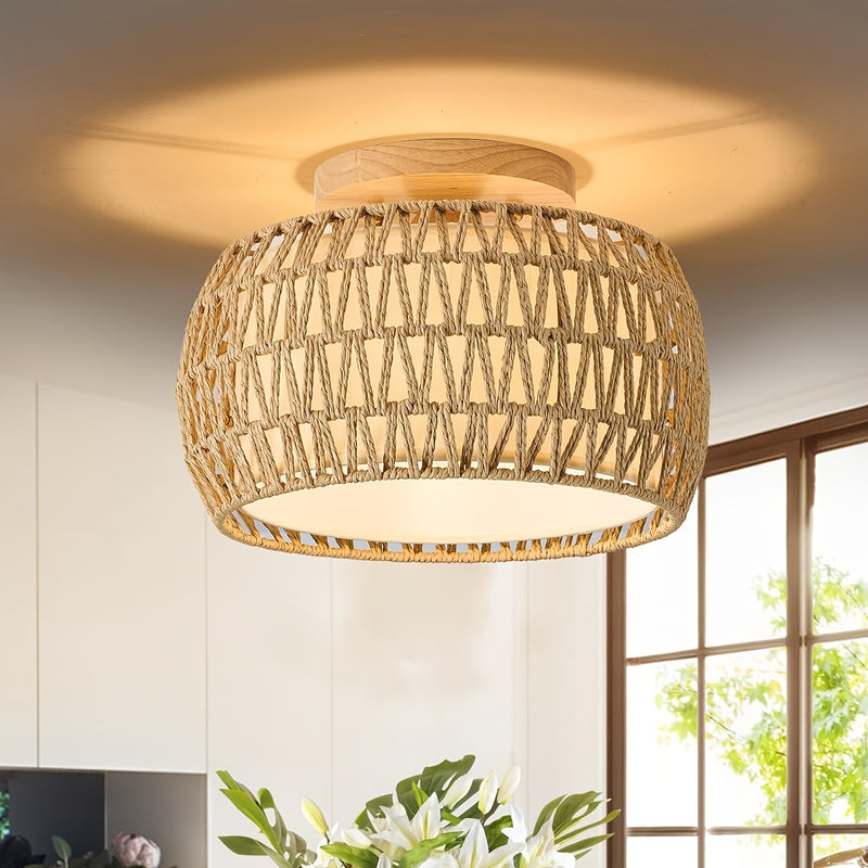 1pc Lámpara de techo semiempotrada de ratán bohemio para decoración de granja, lámpara de araña de cuerda de mimbre rústica tejida a mano para comedor, cocina, dormitorio, entrada y pasillo
