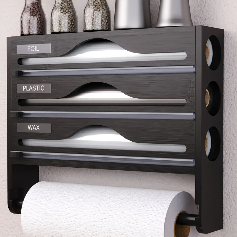 Organizador de Cocina Montado en Pared con Porta Papel Film, Bolsas de Basura y Aluminio - 2/3 Compartimentos para Película Adhesiva, Papel de Albañil y Especias, Accesorios de Bambú, Diseño Elegante y Acabado Suave, Ahorra Espacio