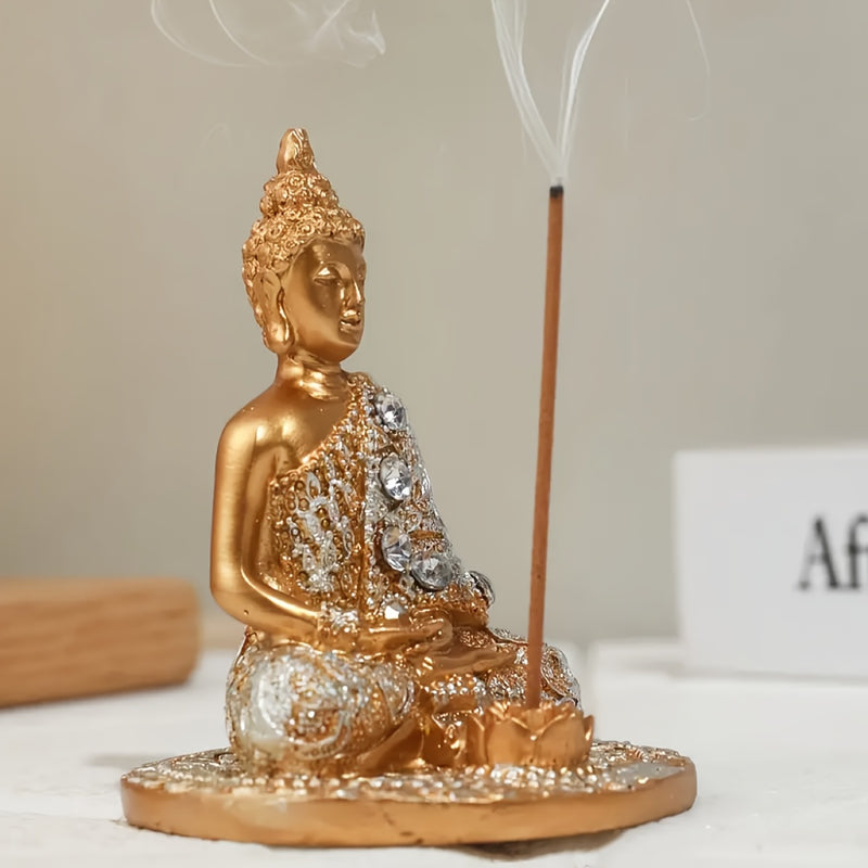 1pc Quemador de incienso de Buda dorado elegante, arte de resina con acentos de cristal, decoración zen para meditación, yoga, sala de té - Porta incienso sin humo para días festivos conmemorativos