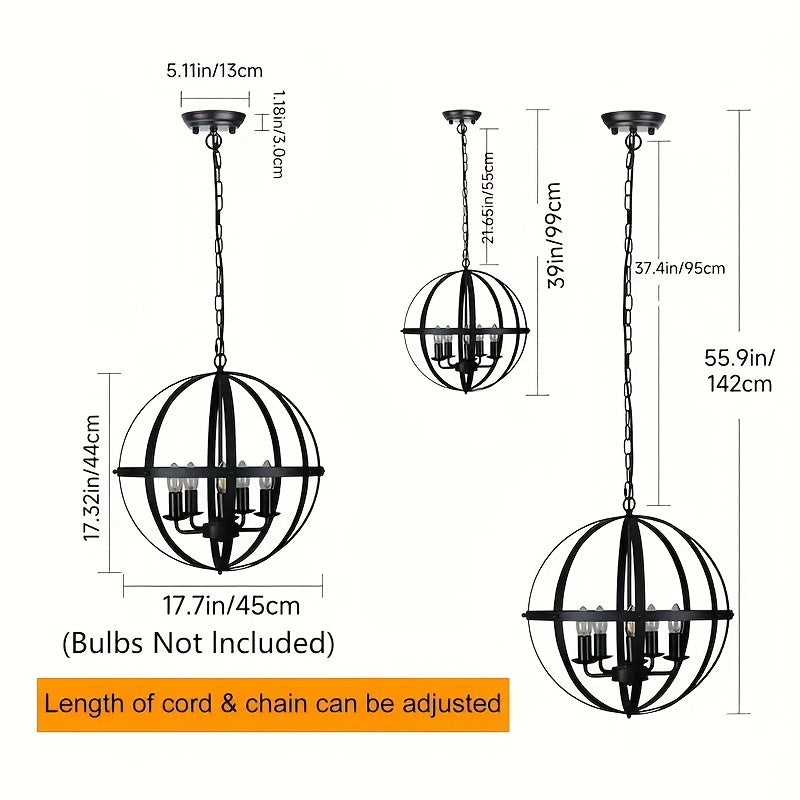 Lámpara de techo ajustable esférica de metal, estilo retro moderno, montaje semienterrado, no necesita electricidad, E12 negro, con hardware de instalación, para cocina, comedor, sala de estar, pasillo, dormitorio - No incluye bombilla.