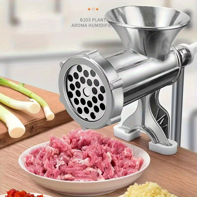 1pc Molinillo de carne de aleación de aluminio duradero manual con asa, molinillo de cocina a prueba de óxido y relleno de salchichas, operación suave para cocina en casa y fiestas, herramienta de preparación de alimentos | Apariencia metálica elegante |