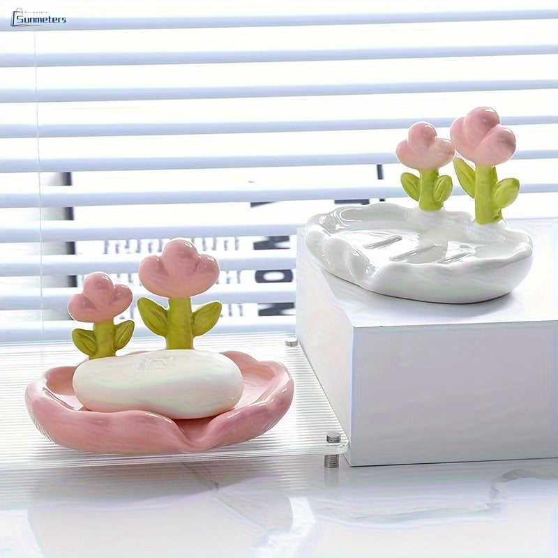 Porta Jabón Ovalado de Plástico con Diseño Floral, Autoescorregable, Apto para las Cuatro Estaciones, Accesorio Encantador para Baño y Cocina Familiar