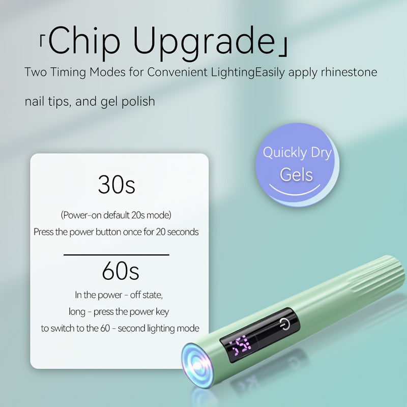 Esta lámpara de uñas de secado rápido con doble temporizador está diseñada para evitar que las manos se oscurezcan, cuenta con pantalla táctil, ofrece una larga duración de la batería con carga USB y es una lámpara recta portátil mini adecuada para viaje