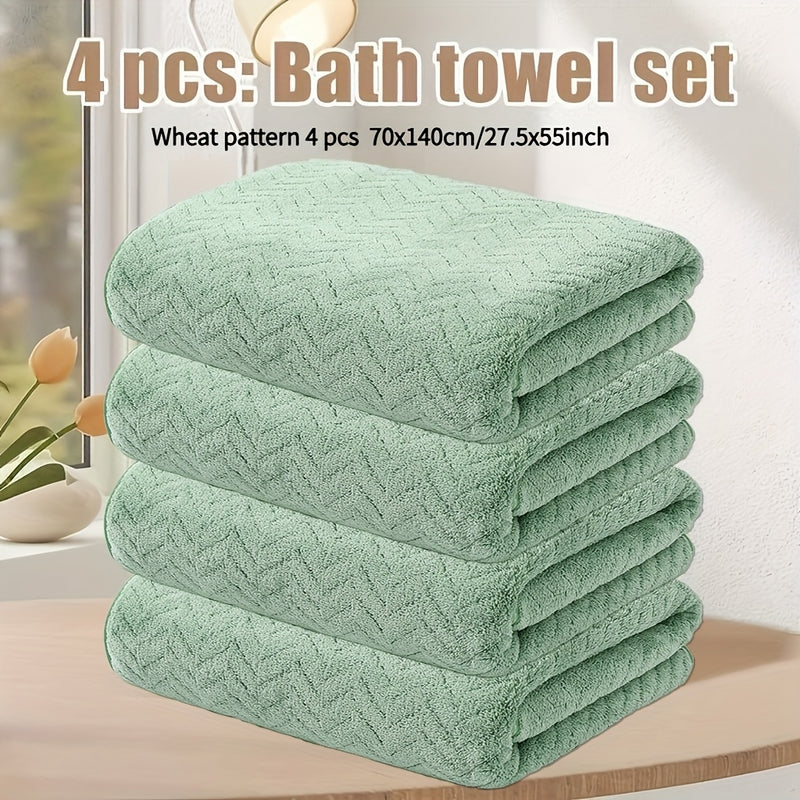 Juego de 4 toallas de baño de felpa coral 70x140 cm (27.5x55.1 pulgadas) en forma de gavilla de trigo, suaves, absorbentes, de secado rápido, sin desvanecimiento ni pelusa, ideales para uso diario en el hogar y en la ducha, perfectas para regalar en ocas