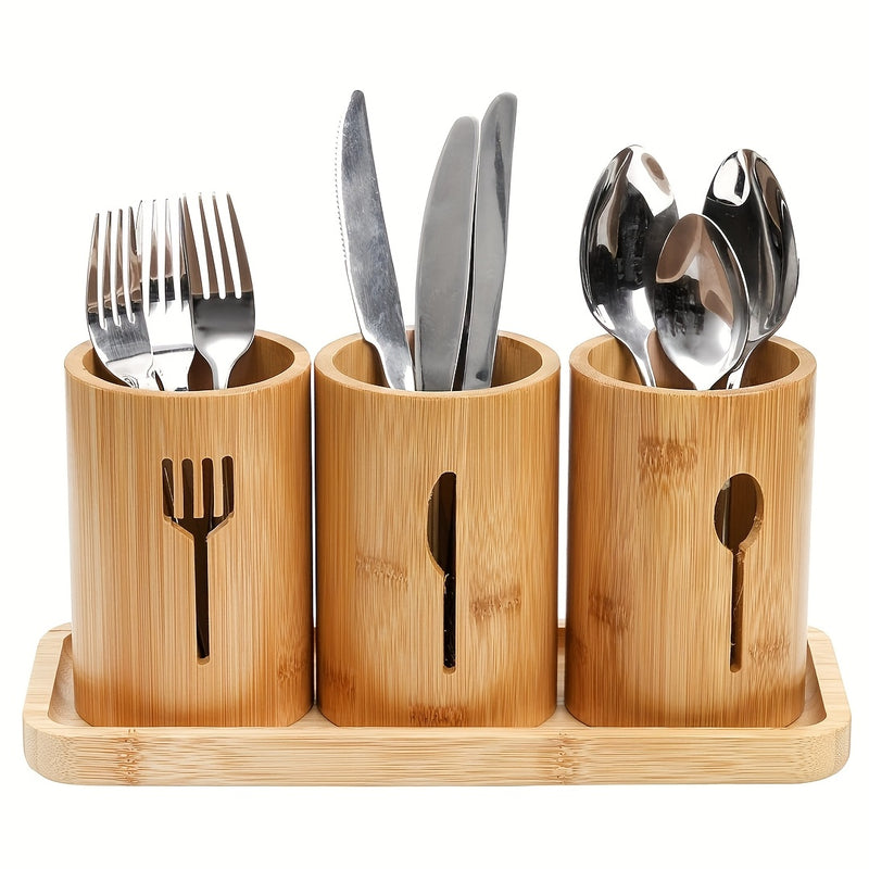 Juego de 4 piezas, caja de almacenamiento de cubiertos de bambú, soporte de utensilios de cocina de granja rústica, soporte de cuchillos y tenedores, suministros de almacenamiento ideales para cocina y restaurante.