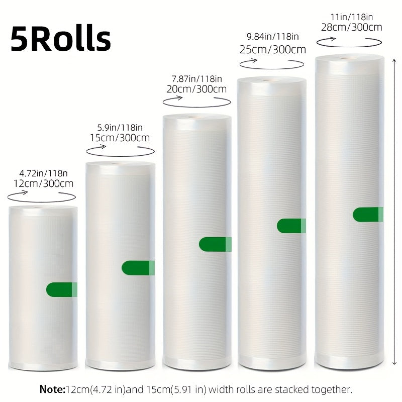 Juego de 5 Rollos Selladores al Vacío Libres de BPA, Bolsas Texturizadas Duraderas y Resistentes a Perforaciones, Ancho Variado (Diversos Anchos) y 3 Metros Cada Uno, Perfecto para la Conservación de Alimentos, Sous Vide y Almacenamiento en Gran Volume,