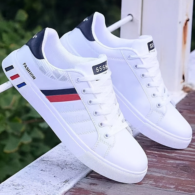 Zapatillas de skate de hombre KOONEXY - Blanco y azul marino, con cordones y detalles rojos, parte superior de falso tejido transpirable, suela de PVC duradera, diseño de punta redonda para uso casual y formal, zapatos de skate, calzado casual, elegantes