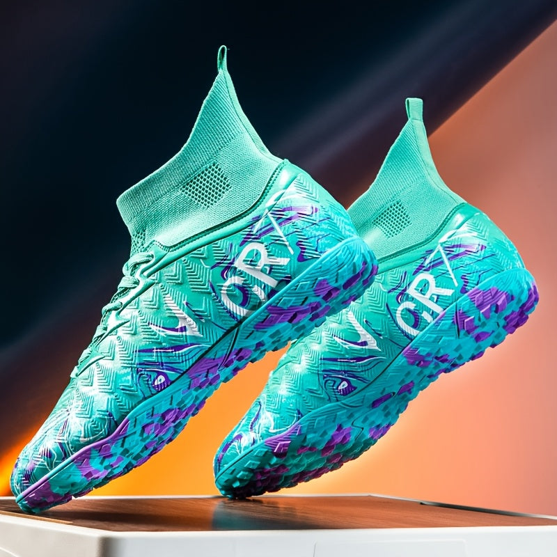 Zapatillas de fútbol de corte alto para jóvenes - Ligero, transpirable, suela de goma antideslizante, zapatos de entrenamiento cómodos con patrón azul y negro, perfectos para deportes al aire libre y práctica, uso todo el año, calzado de entrenamiento |