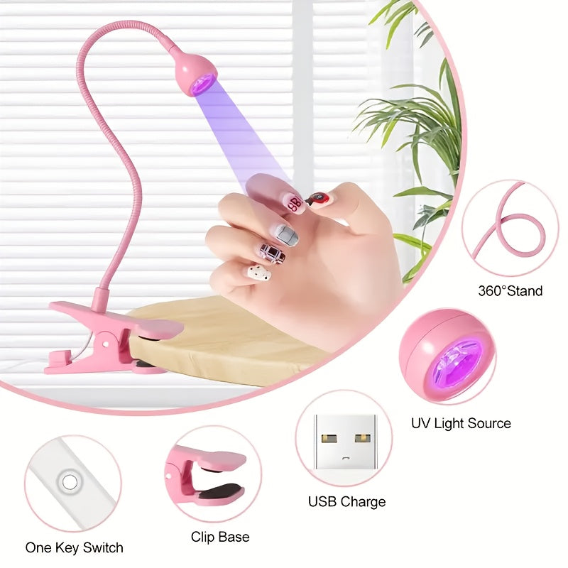 Lámpara de curado de uñas con alimentación USB, cuello giratorio de 360°, mini cuentas de luz LED para esmalte de gel - luz de manicura clip-on portátil, no necesita batería, negro/blanco/pink, cuidado DIY en casa, luz de manicura portátil, herramienta d