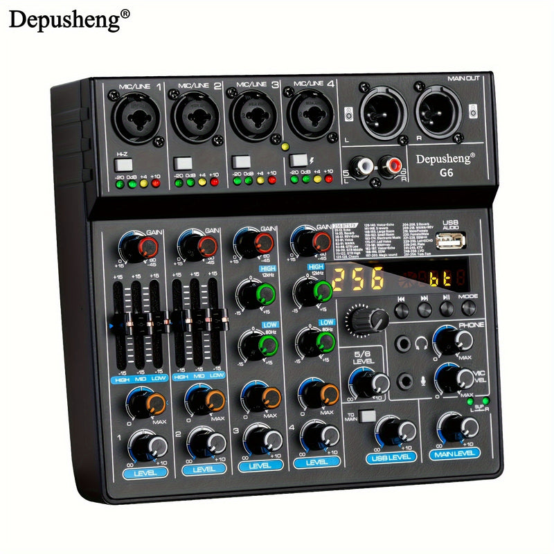 Consola de mezcla portátil G6 de DEPUSHENG, alimentada por USB, con 6 canales USB, controlador de sonido DJ con pantalla LCD, diseño compacto para grabación de PC, transmisión y uso en vivo, sistema de mezcla, apariencia simplificada, construcción de ale
