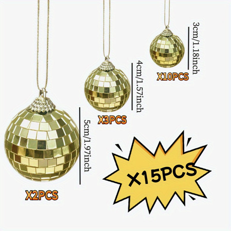 15 piezas de juego de pelotas de disco doradas - Tamaños variados para fiestas, cumpleaños y decoración del hogar - Vidrio espejo brillante, reflectante, resistente a la rotura y reutilizable - Perfecto para DJs y celebraciones festivas, decoraciones de