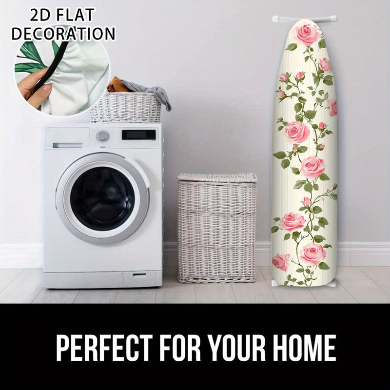 1 Funda de Tabla de Planchar Tamaño Completo - Diseño Plano 2D con Estampado Floral (Rosas Rosadas y Hojas Verdes), Relleno Antiadherente, Bordes Elásticos, Lavable a Máquina - Ajuste para Mesas de Planchar Estándar, Accesorio Decorativo para Lavandería,