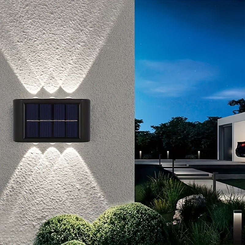 4 paquetes, 6 luces LED solares para pared exterior con iluminación hacia arriba y abajo, luces decorativas para exterior, luces LED para paisajismo, ideales para exteriores, patio, villa, cerca, terraza, jardín