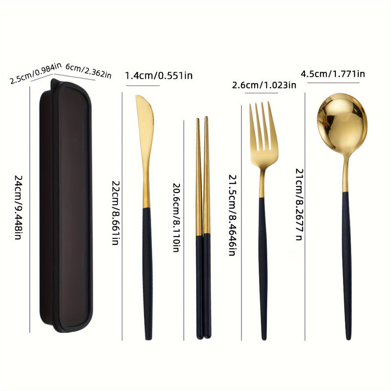 Juego de Cubiertos de Acero Inoxidable de 4 Piezas con Mangos Elegantes en Verde Uva - Incluye Cuchillo, Tenedor, Cuchara y Palillos - Perfecto para Picnics al Aire Libre, Camping y Uso Diario - Viene en un Elegante Estuche Portátil
