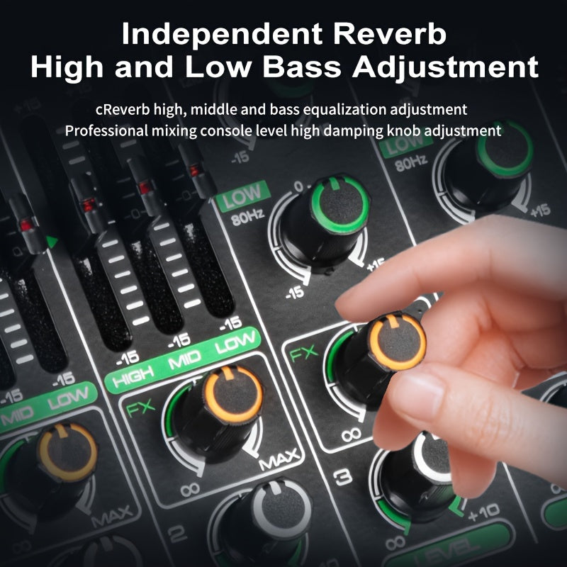 tyinneran Mezclador de audio inalámbrico profesional de 6 canales USB, reverberación de 256 ohmios, alimentación fantasma de 48V, bajo profundo, sonido de alta fidelidad, con control de tempo integrado y control de reproducción para grabación de estudio