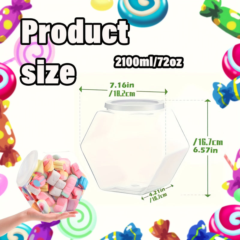 4 piezas de 72 onzas de frascos de dulces de plástico hexagonales con tapas - Seguros para alimentos, diseño transparente para dulces coloridos, perfectos para almacenar dulces y snacks.