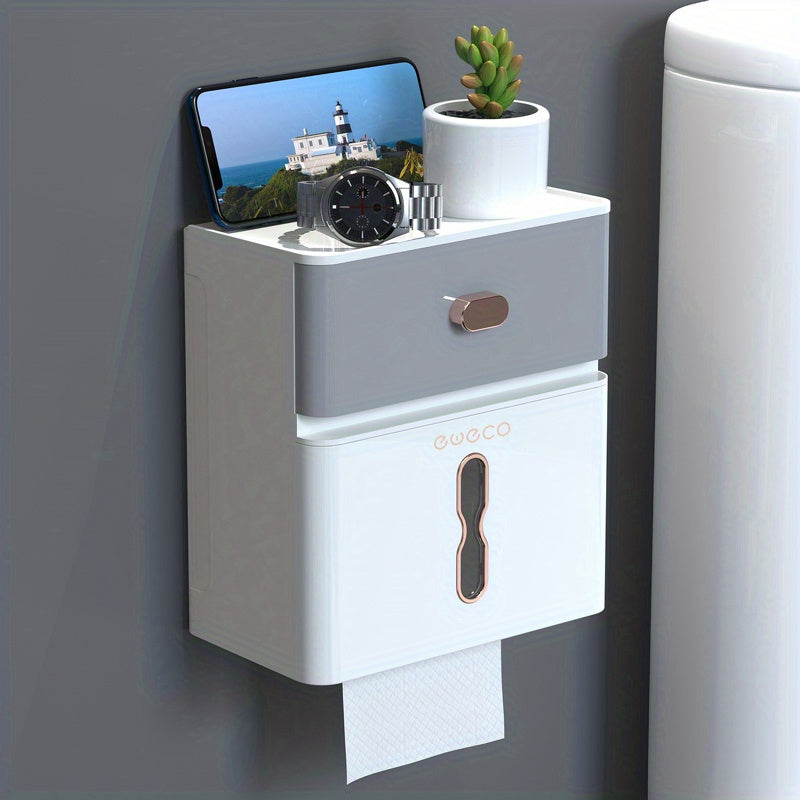 1 Estante De Almacenamiento De Doble Capa Para Baño, Caja De Pañuelos De Papel En Rollo, Soporte De Pañuelos Sin Perforación De Gran Capacidad Montado En La Pared Del Inodoro