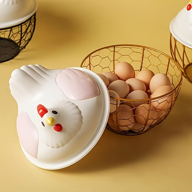 1 cesta de huevos estilo granja, no requiere energía, material duradero de plástico y hierro fundido, diseño blanco de pollo decorativo con pico y patas de colores, ideal para almacenamiento de cocina, soporte de huevos para refrigerador.
