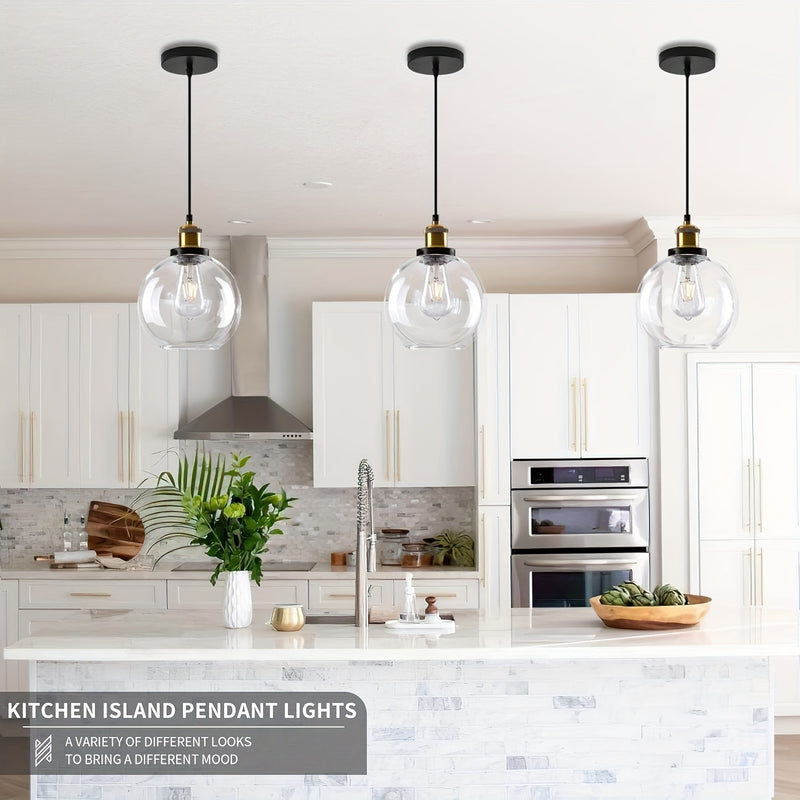 Linterna Colgante de Vidrio para Isla de Cocina, Lámparas Colgantes Doradas y Negras de Vidrio Transparente, Lámpara Colgante Globo para Isla de Cocina, Luz de Techo Moderna Estilo Granja con Pantalla de Vidrio Claro