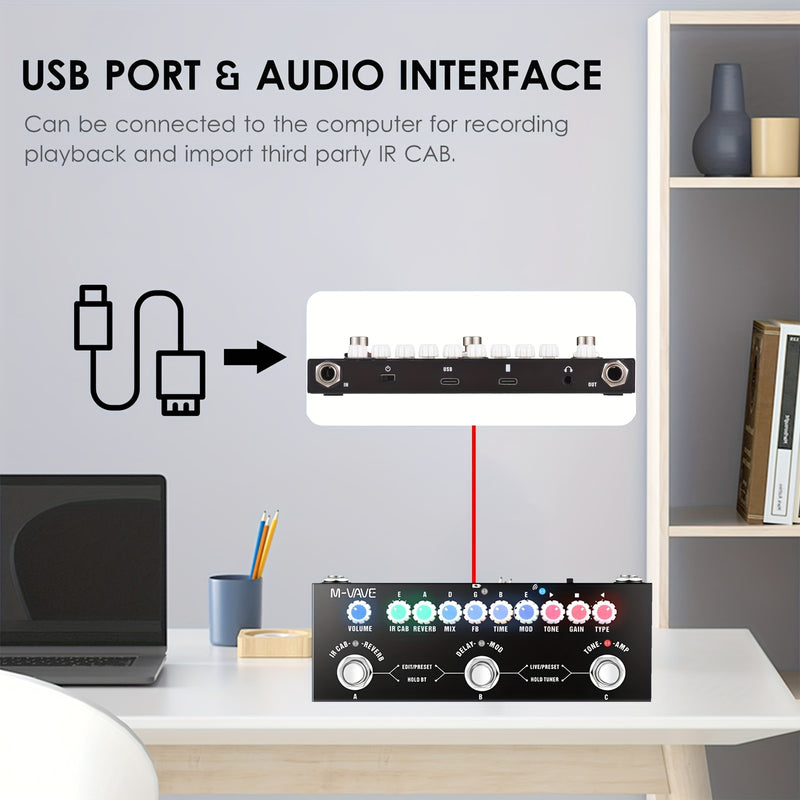 Pedal de guitarra de efectos múltiples DaierTek con 9 simulaciones de cabina clásica, construcción de metal, interfaz de audio USB, preajustes de tono editables, diseño portátil y compacto - Negro