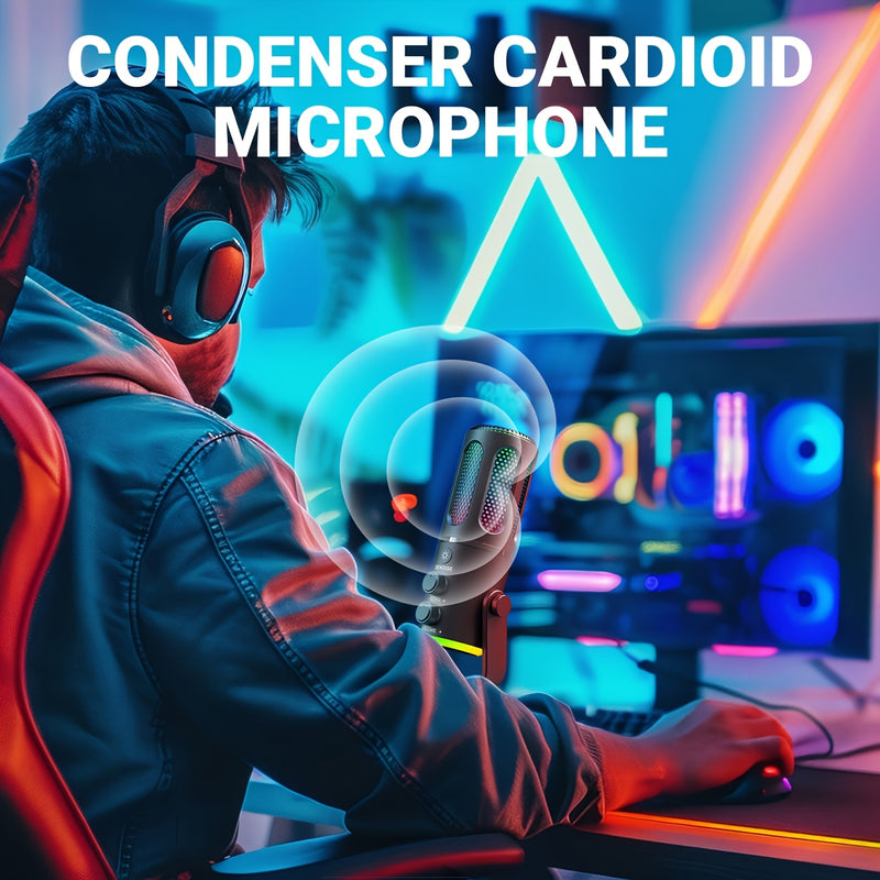 RIKSOIN USB Micrófono de condensador para juegos con luces RGB, Plug & Play con cancelación de ruido - Calidad de sonido profesional, brazo y soporte ajustables, alimentado por USB-C para juegos de PC, podcasting, transmisión en vivo, karaoke, videoconfe