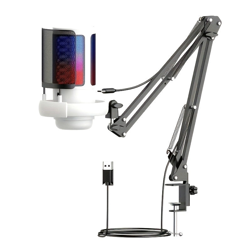 Soporte de micrófono Gaming Boom, micrófono de condensador de escritorio USB con kit de soporte, Plug And Play, silencio/tacto de monitoreo, control de ganancia, luces RGB, toque, silencio, monitoreo instantáneo, control de voz de juego, adecuado para PC