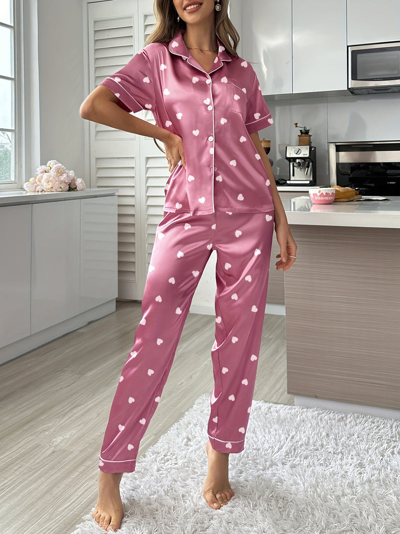 Pijama de manga corta con cuello estampado de corazones y pantalón largo, conjunto para estar en casa