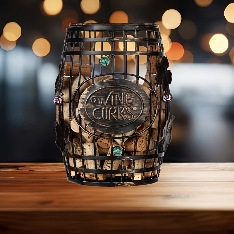 1 pieza, soporte de corcho de vino de metal vintage con tapa, soporte de exhibición rústico para cocina y sala de estar, cesta de almacenamiento decorativa para corchos de vino rojo, ideal para bar en casa o bodega, soporte de botella de vino.