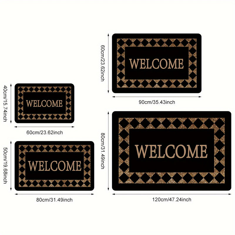 1 pieza de "BIENVENIDO" alfombra de pana - Poliéster antideslizante, ligero, patrón de cuadros negro y dorado, perfecto para decoración del hogar, alfombra de bienvenida para la entrada | Alfombra de patrón de cuadros | Alfombra de fibra de poliéster, al
