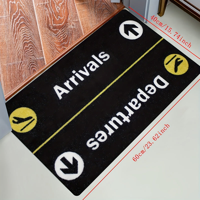 Alfombra de entrada con diseño de avión, 1 unidad, tema llegadas y salidas, felpa de cristal suave, lavable a máquina, negro con diseño de horario de vuelos en amarillo/blanco, rectangular, para entrada, sala, decoración para todo el año, decoración de a