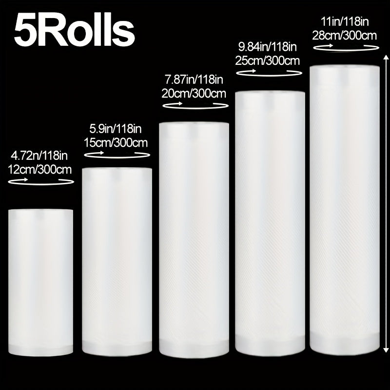 300cm*(28+25+20+15+12) Un conjunto de bolsas selladas al vacío con 5 tamaños no contiene Bisfenol A. La bolsa de vacío para alimentos se utiliza para el almacenamiento de alimentos, bolsas selladas al vacío, carne, frutas, verduras, harina y envasado de
