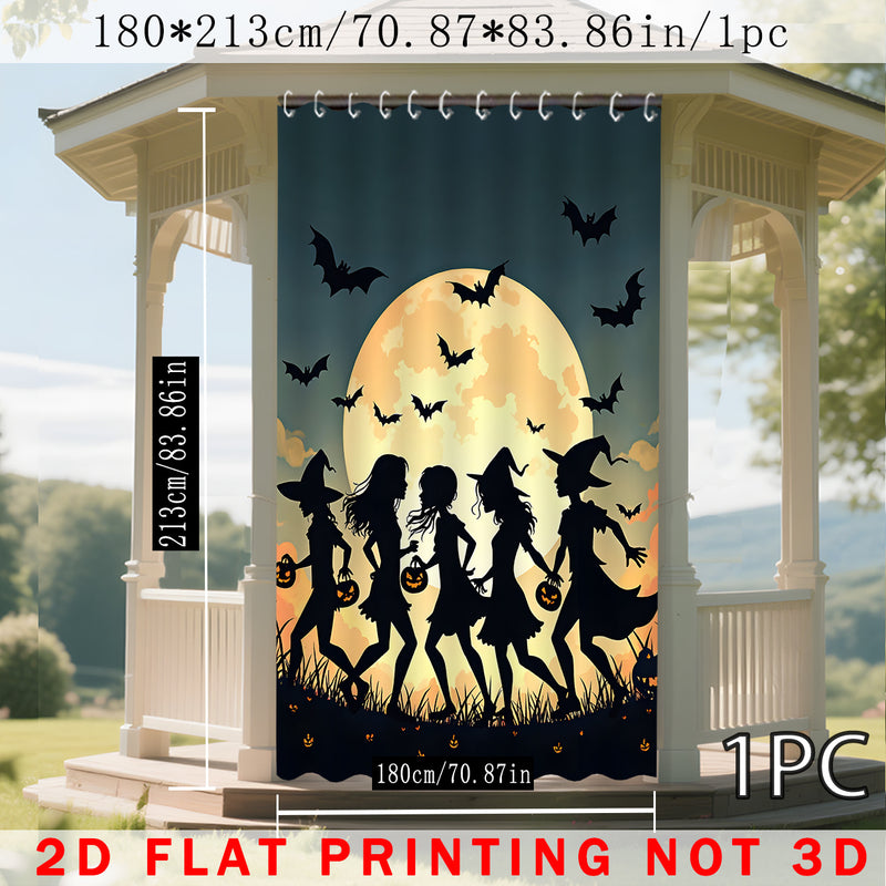 1pc/2pcs Cortinas para Exteriores, Diseño de Escena de Bruja en y Naranja con Estampado 2D, Adecuadas para Patio, Cenador, Jardín, Todas las Estaciones, Incluye Ganchos, Decoración Temporal para Halloween, Navidad y Bodas