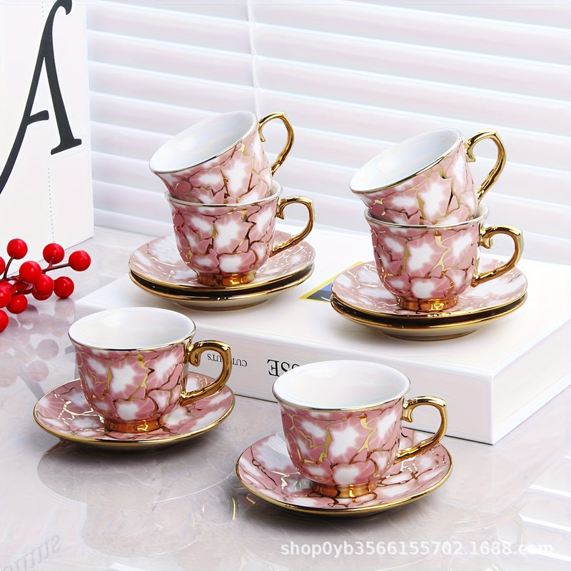 Juego de 6 tazas de café de cerámica estilo europeo con plating, diseño elegante azul y dorado, solo lavado a mano, reutilizable, uso múltiple, incluye salseras y tazas que se ajustan, accesorio para bar de café.