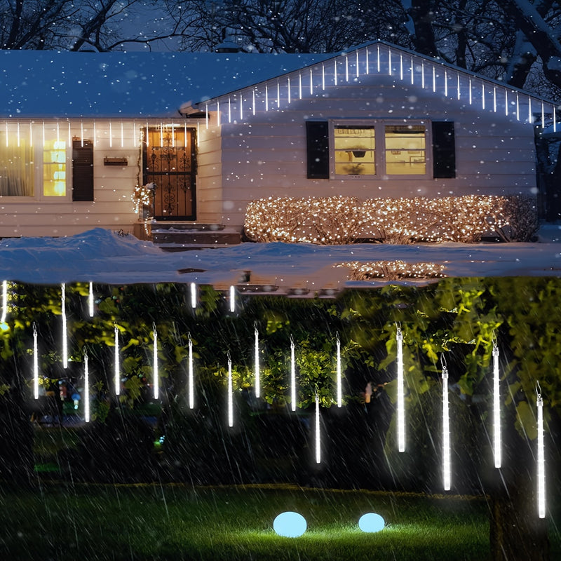 Luces de meteoro de hielo solar con interruptor inteligente, 192/288 LEDs Luces de gota de lluvia, IP44 Sensor de luz inteligente para Halloween Navidad Festival Iluminación comercial, Luces de lluvia de meteoro para árbol jardín fiesta al aire libre