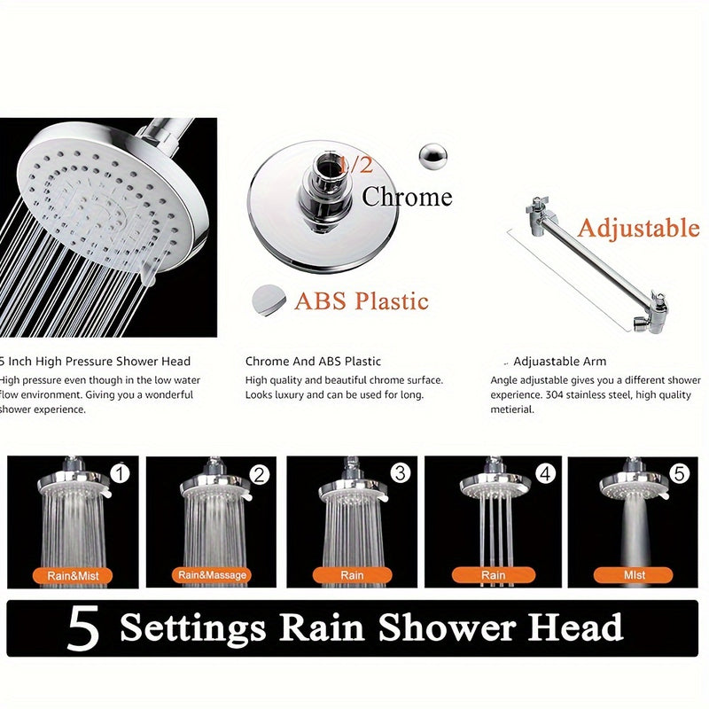 Cabezal de ducha de lluvia de alta presión de 12,7 cm con brazo de extensión de 25,4 cm, ajustable en 5 modos, acabado pulido, montaje en pared, plástico redondo, no requiere electricidad.