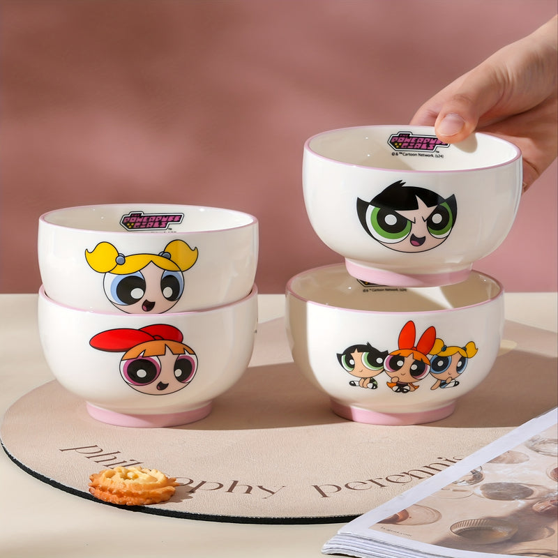 Juego de 4 Piezas de Vajilla Cerámica Serie Las Chicas Superpoderosas Warner Bros. – Caja Regalo Ideal para Cumpleaños o Navidad, Tazón de Arroz con Diseño Animado