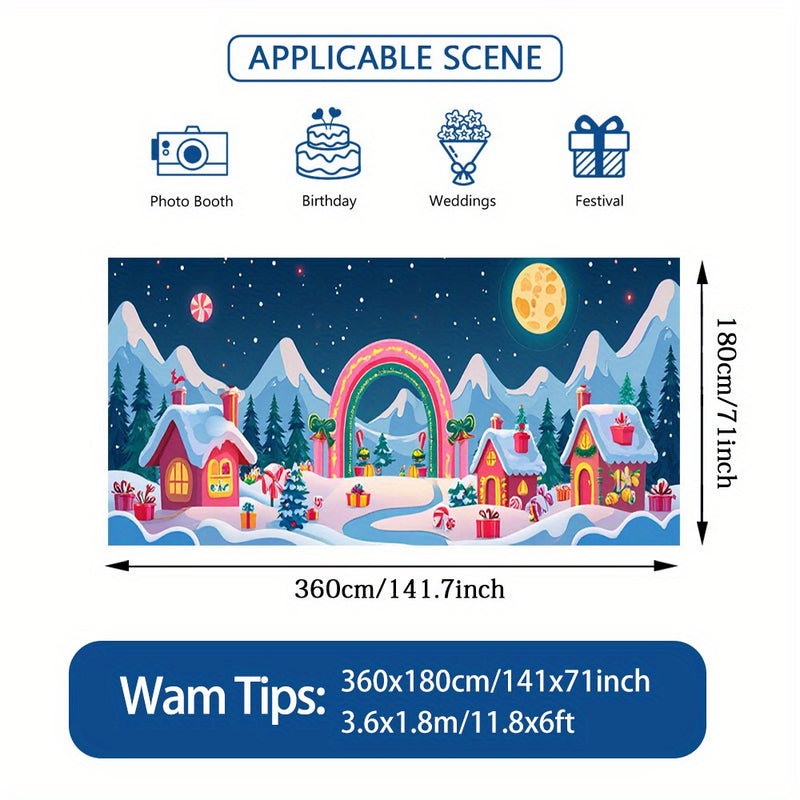 2D Banner de Puerta, 1 Pieza, Escena de Pueblo Navideño con Casas Cubiertas de Nieve, Casa de Jengibre y Cielo Lunar - Poliéster, Ideal para Decoraciones Navideñas, Bodas y Celebraciones de Jardín al Aire Libre, Decoraciones Navideñas