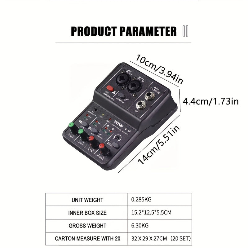 BOMGE Q12 2 canales de interfaz de audio portátil - Mezclador mini USB profesional para guitarra, voces y grabación de estudio, 36V o menos, material ABS negro, 2 canales, 2 canales de interfaz de audio | Mezclador compacto | Construcción duradera