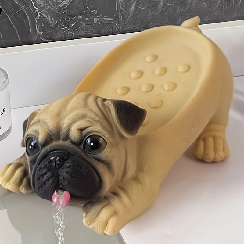 Jofaina de jabón en forma de perro pug encantador - Resina, ideal para baño, cocina y decoración de sala de estar, perfecta para sostener jabón líquido y detergentes, accesorio de baño | Diseño juguetón | Portajabón duradero, accesorios de perro pug