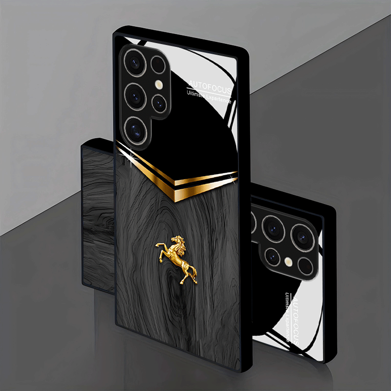 Funda de vidrio versátil con diseño de caballo dorado en relieve para Samsung Galaxy S25/S25 Plus/S25 Ultra/S24/S24 FE/S24 Plus/S24 Ultra/S23+/S23 Ultra/S22+/S22 Ultra/S20+/S20 FE/S20 Ultra/A13/A14/A16/A32/A33/A34/A53/A54/A72/A73 5G - Estilo premium