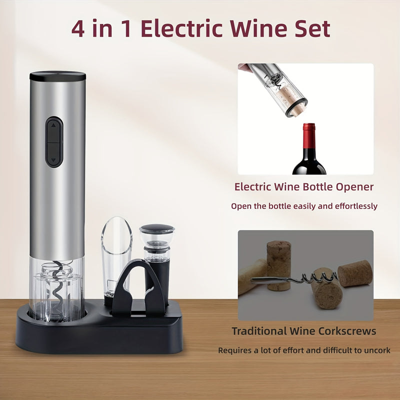 Juego de 5 en 1 para abrir botellas eléctricas, regalo creativo, abridor de vino tinto, abridor de batería seca, juego con base para verter y almacenar vino, completamente funcional.