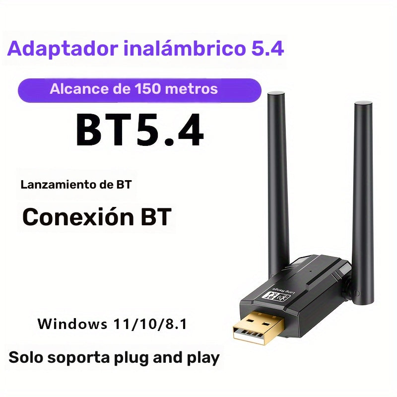 Adaptador de Red con Doble Antena USB BT5.4 de Larga Distancia, Dongle USB Receptor de Larga Distancia para PC/Auriculares/Tarjeta y muchos otros dispositivos BT, solo compatible con Windows 11/10/8.1 Plug and Play, soporta conectar hasta 7 dispositivos