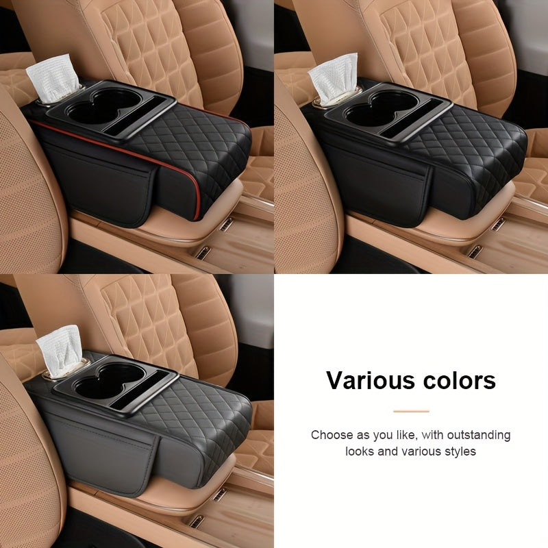 1 cojín universal para apoyabrazos de auto en piel PU, con porta vasos, compartimento multifuncional y ranura para caja de pañuelos