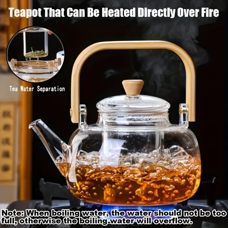 Tetera de vidrio con asa de bambú - Tetera de vidrio de borosilicato transparente de 34 oz con infusor extraíble, tetera de hojas sueltas resistente al calor