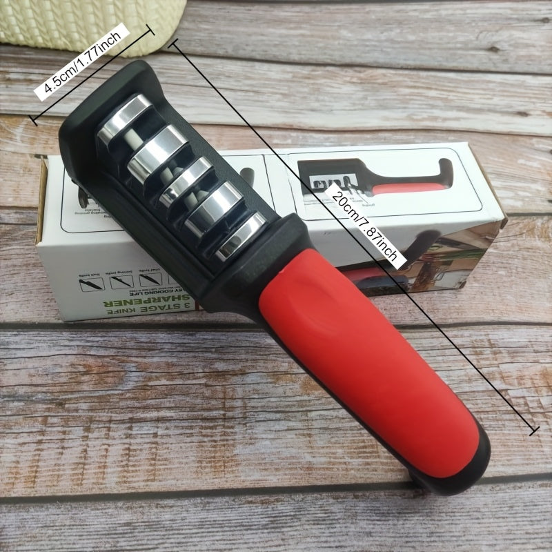 Afilar cuchillos manual de 3 etapas con mango rojo y negro - Acero inoxidable duradero para uso doméstico, esencial de cocina, estación de afilado de cuchillos | Herramienta de cocina moderna | Construcción duradera, afilador de cuchillos para el hogar