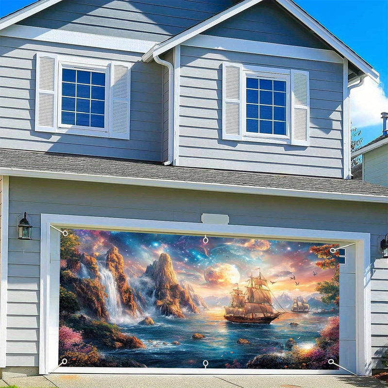 Banner para Puerta de Garaje Estrellado Cascada 1 pieza - Gran Telón de Fondo Decorativo Exterior con Barco de Vela, Cascada y Escena de Atardecer para Fiestas, Vacaciones y Decoración del Hogar