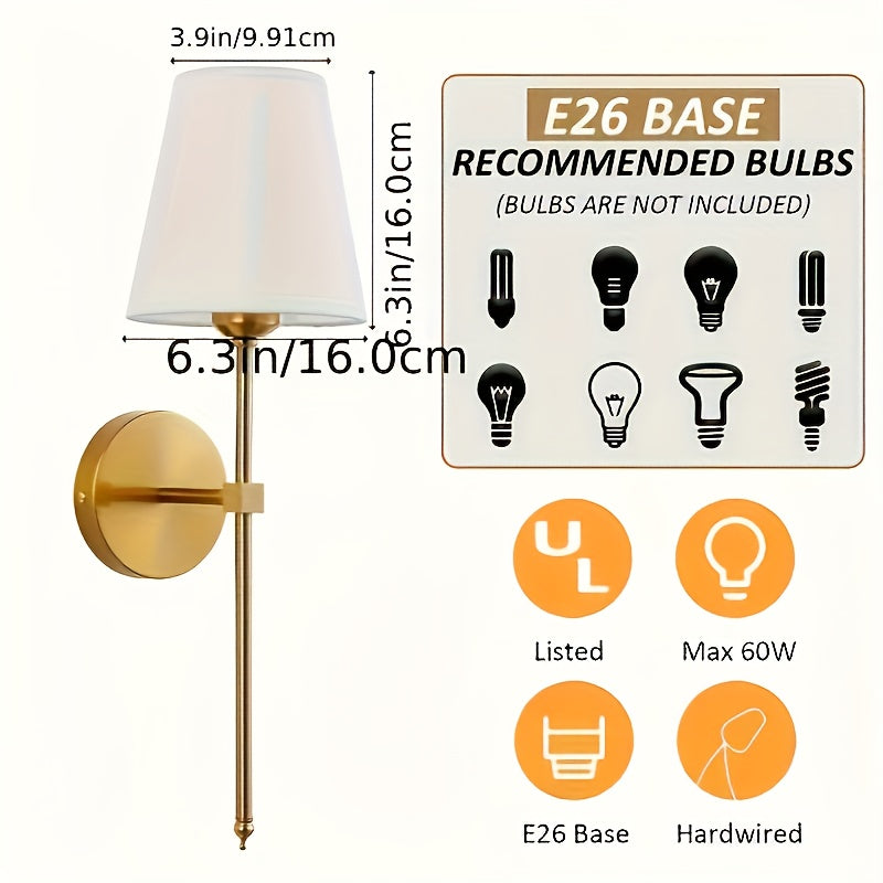 2 Piezas de Aplique Moderno Retro Industrial, Pantalla de Tela Blanca para Baño, Apto para Dormitorio, Mesita de Noche, Sala, Pasillo, Cafetería y Otros Espacios Comerciales, Bombilla no Incluida E26